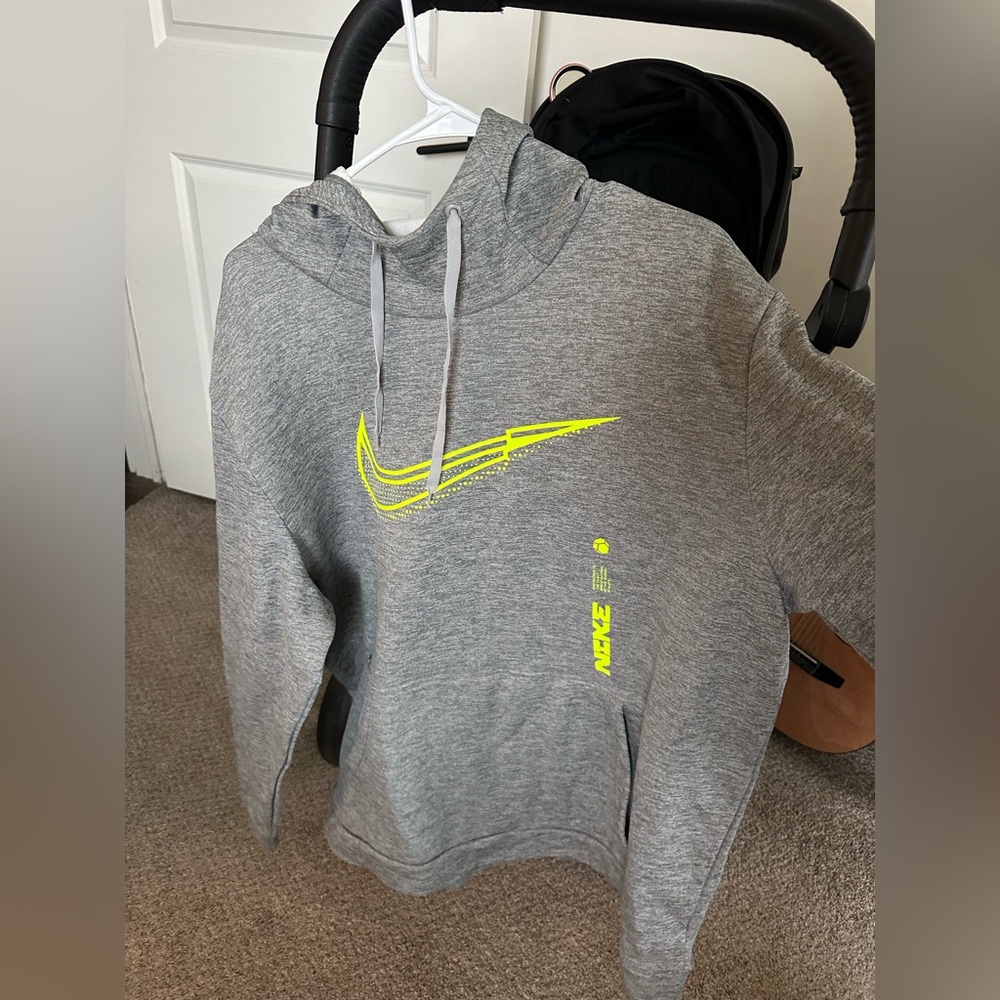 Nike Men's Gray Sweater with Neon Yellow Swoosh